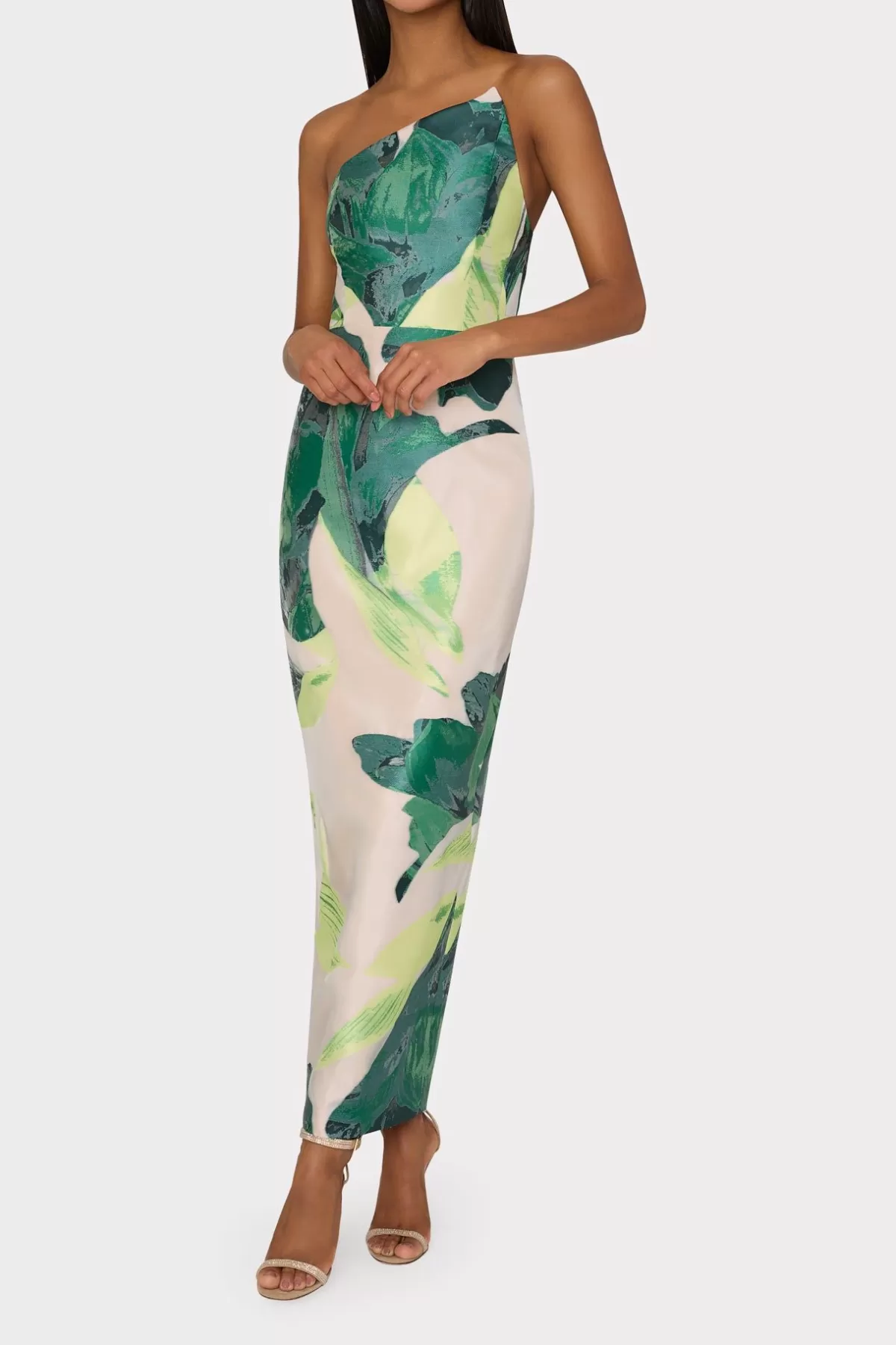 Asymetrical Tropical Forest Jacquard Midi Dress-MILLY New